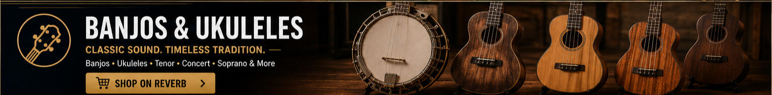 Universal Music Supply | Banjos & Ukuleles Shop banjos, ukuleles, tenor banjos, soprano ukuleles, concert ukuleles, and folk instruments